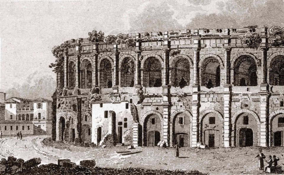 Une gravure en noir et blanc représentant les Arènes de Nîmes