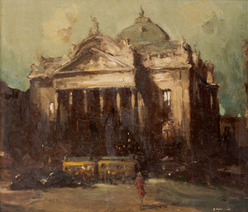 Martin Bollé (1912-1968) : Vue de la Bourse à Bruxelles, huile sur toile, daté (19)44
