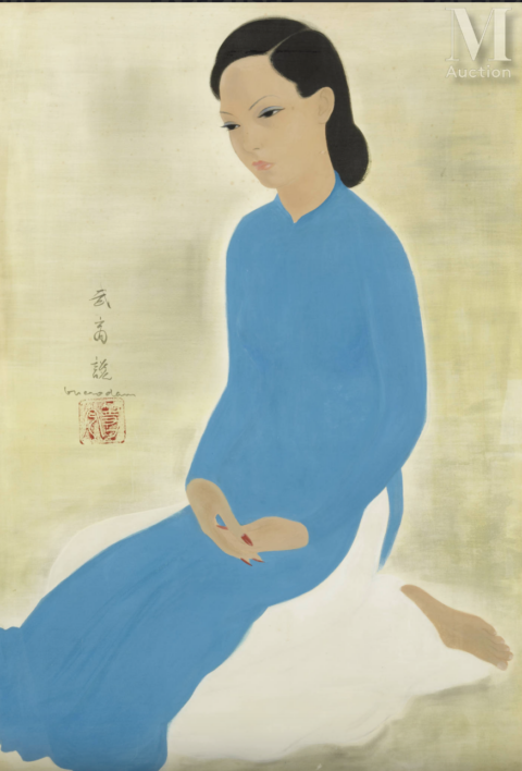 VU CAO DAM (Hanoï 1908 - France 2000) Portrait de jeune femme en bleu Peinture sur soie