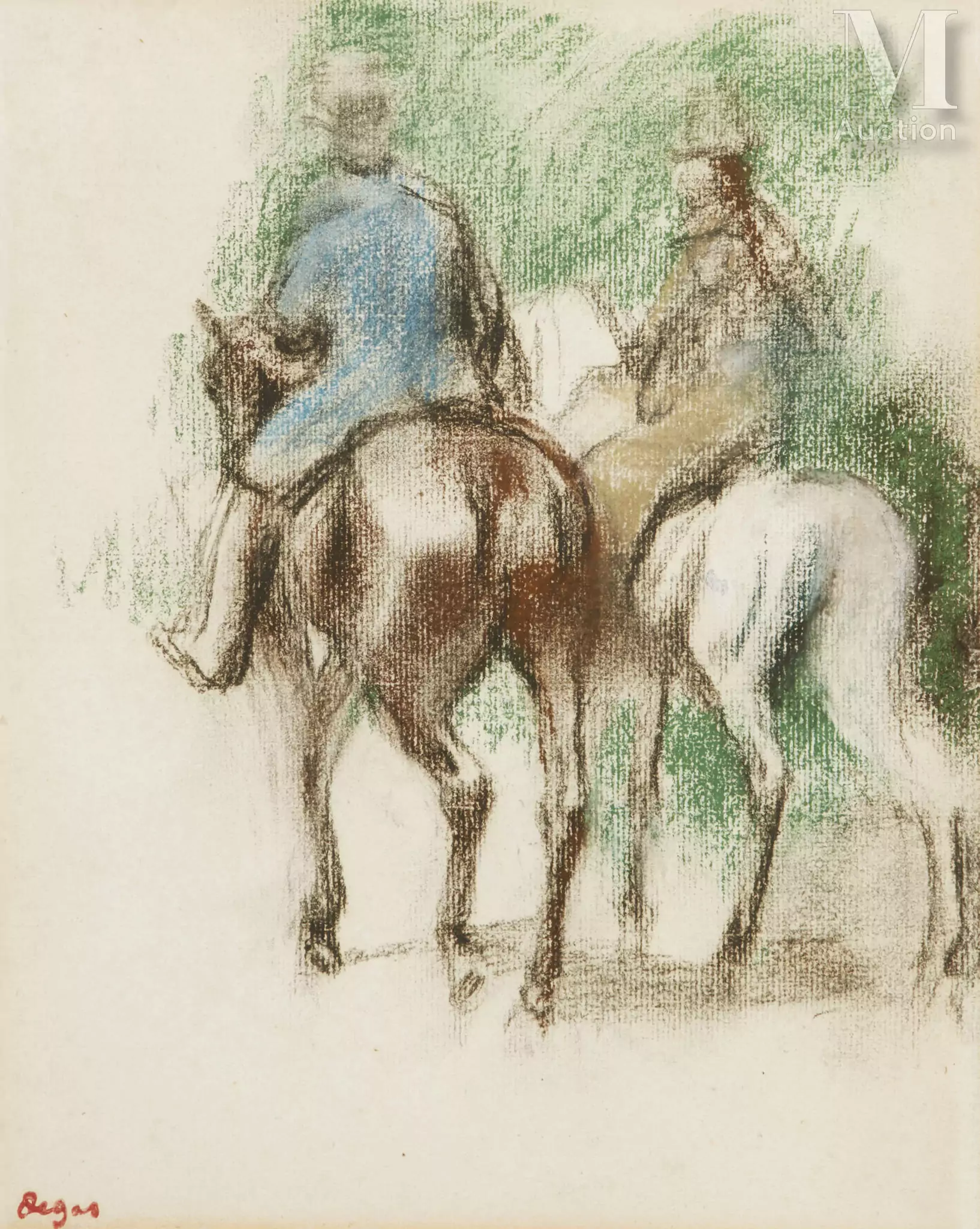 Edgar DEGAS (Paris 1834 - 1917) Cavalier et amazone Pastel sur traits de crayon sur papier
