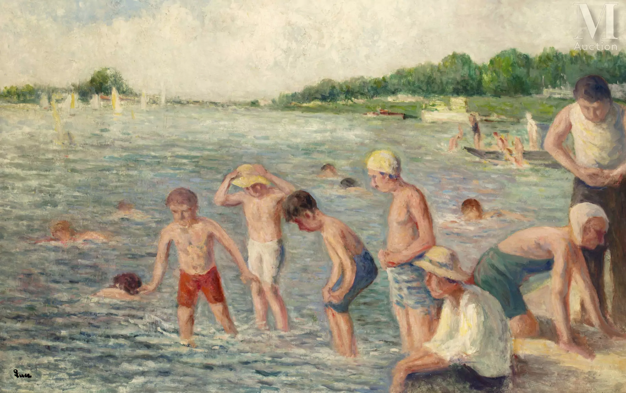 Maximilien LUCE (Paris 1858 - Rolleboise 1941) Baignade au bord de Seine Huile sur toile d'origine