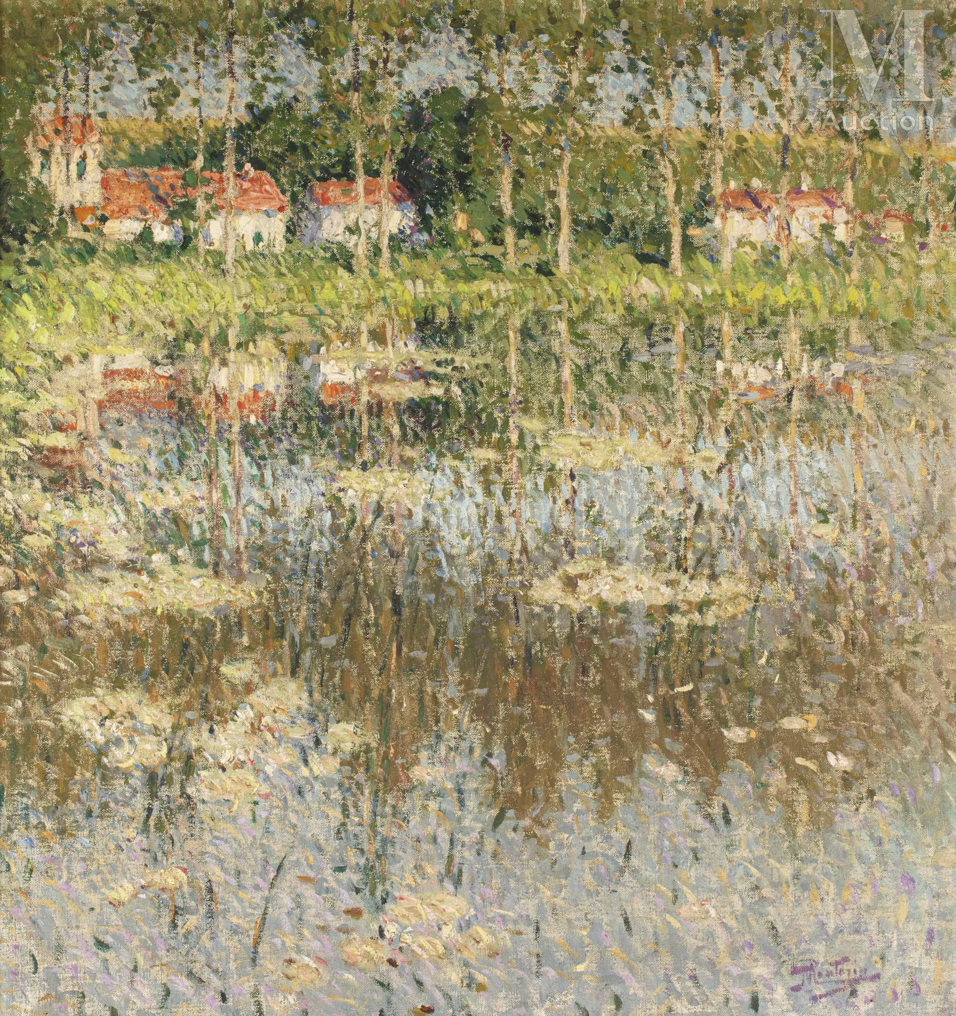 Pierre Eugène MONTEZIN (Paris 1874 - Moëllan 1946) Rivière bordée de peupliers Huile sur toile d'origine