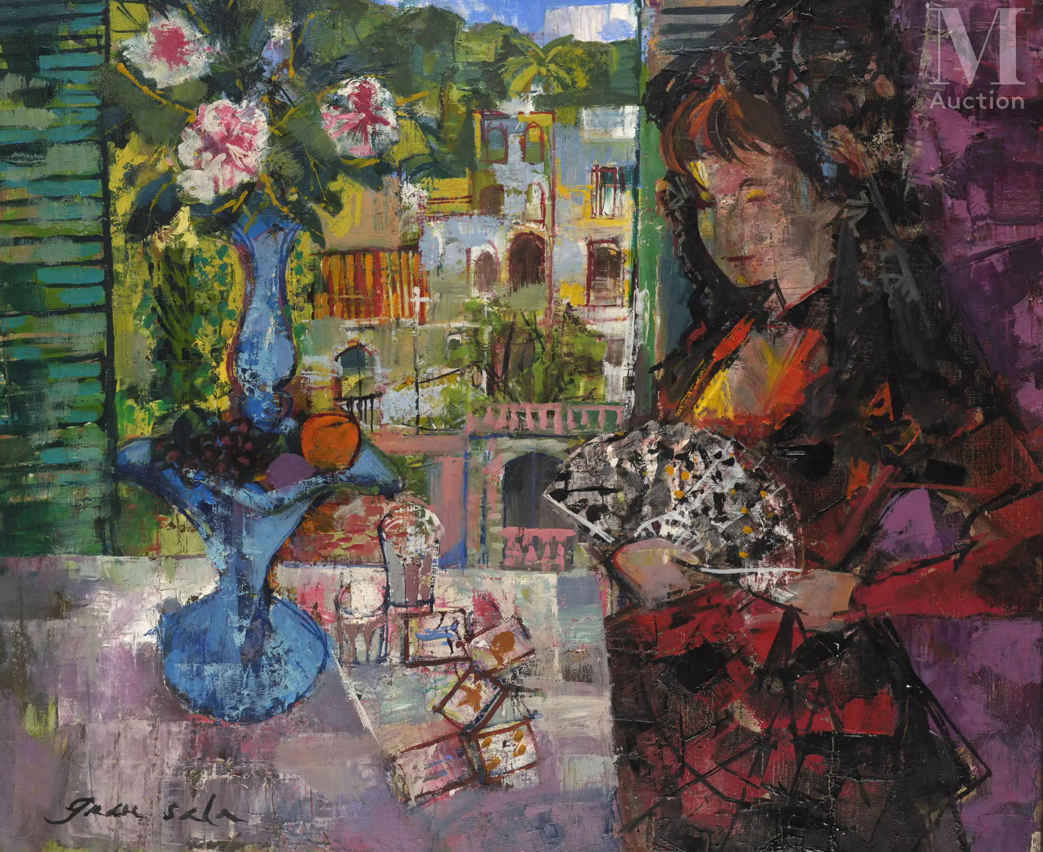Emilio GRAU SALA (Barcelone 1911-1975) Femme à l'éventail et au bouquet de fleurs Huile sur toile d'origine