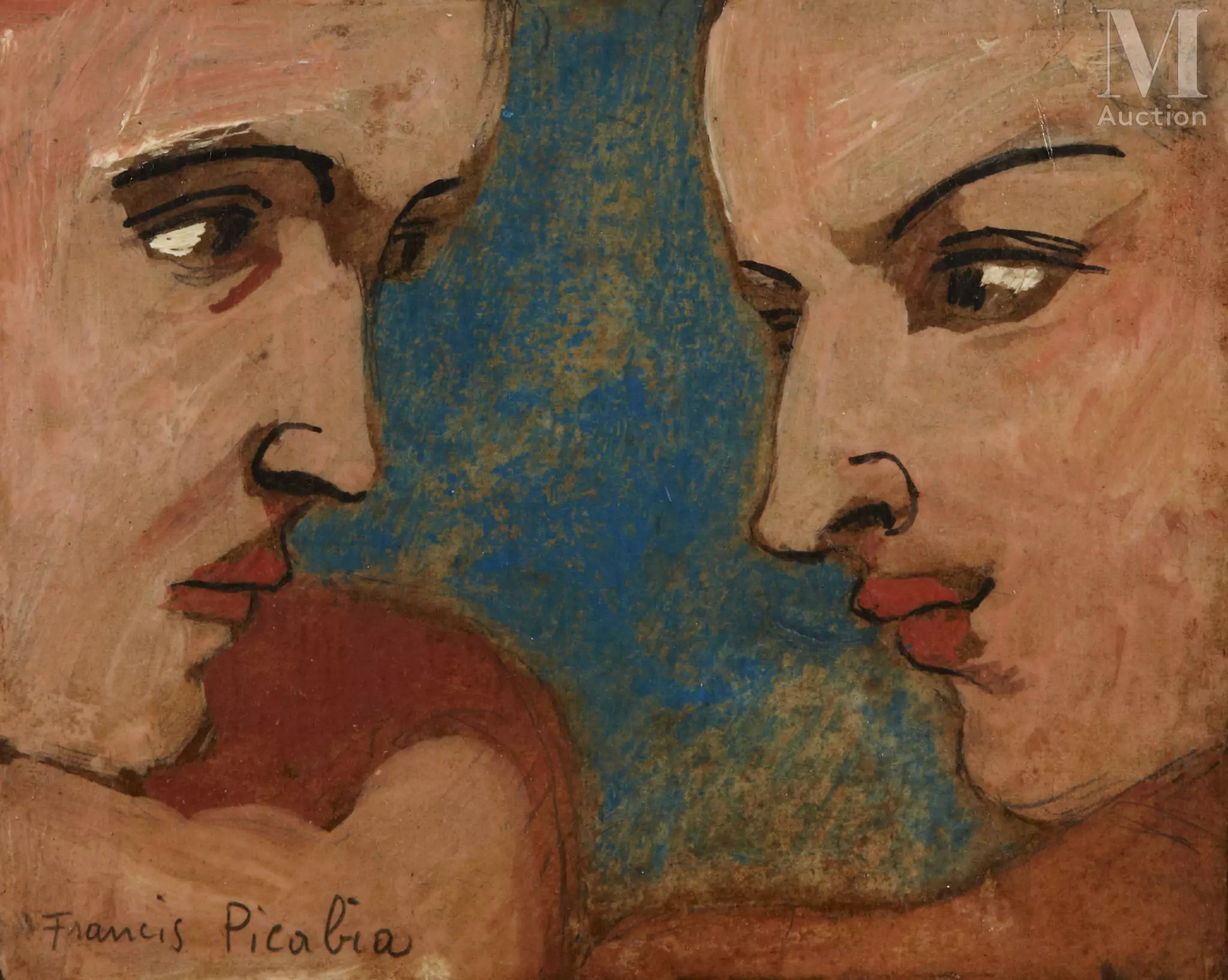 Francis PICABIA (Paris 1879 - 1953) Deux têtes de profil Huile sur carton marouflé sur carton