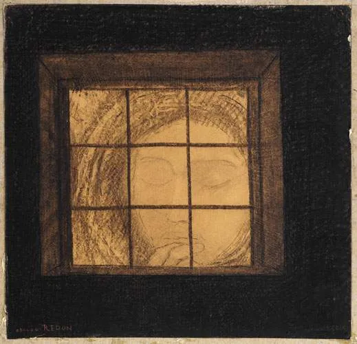 Odilon REDON (1840 -1916)Visage derrière une fenêtre 35,5 x 37 cm Fusain, estompe et grattage. Signé en bas à gauche Odilon Redon.