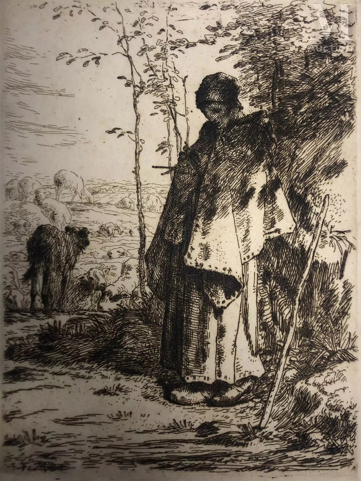Jean -François MILLET (1814 – 1875) La grande Bergère. Eau-forte en bistre sur vergé mince