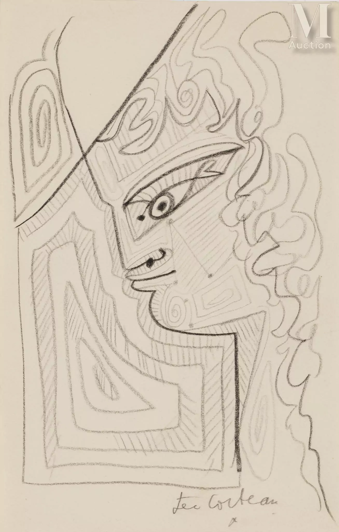 ean COCTEAU (Maisons-Laffite 1889 - Milly-la-Forêt 1963) Profil aux arabesques, circa 1957/58 Crayon sur papier