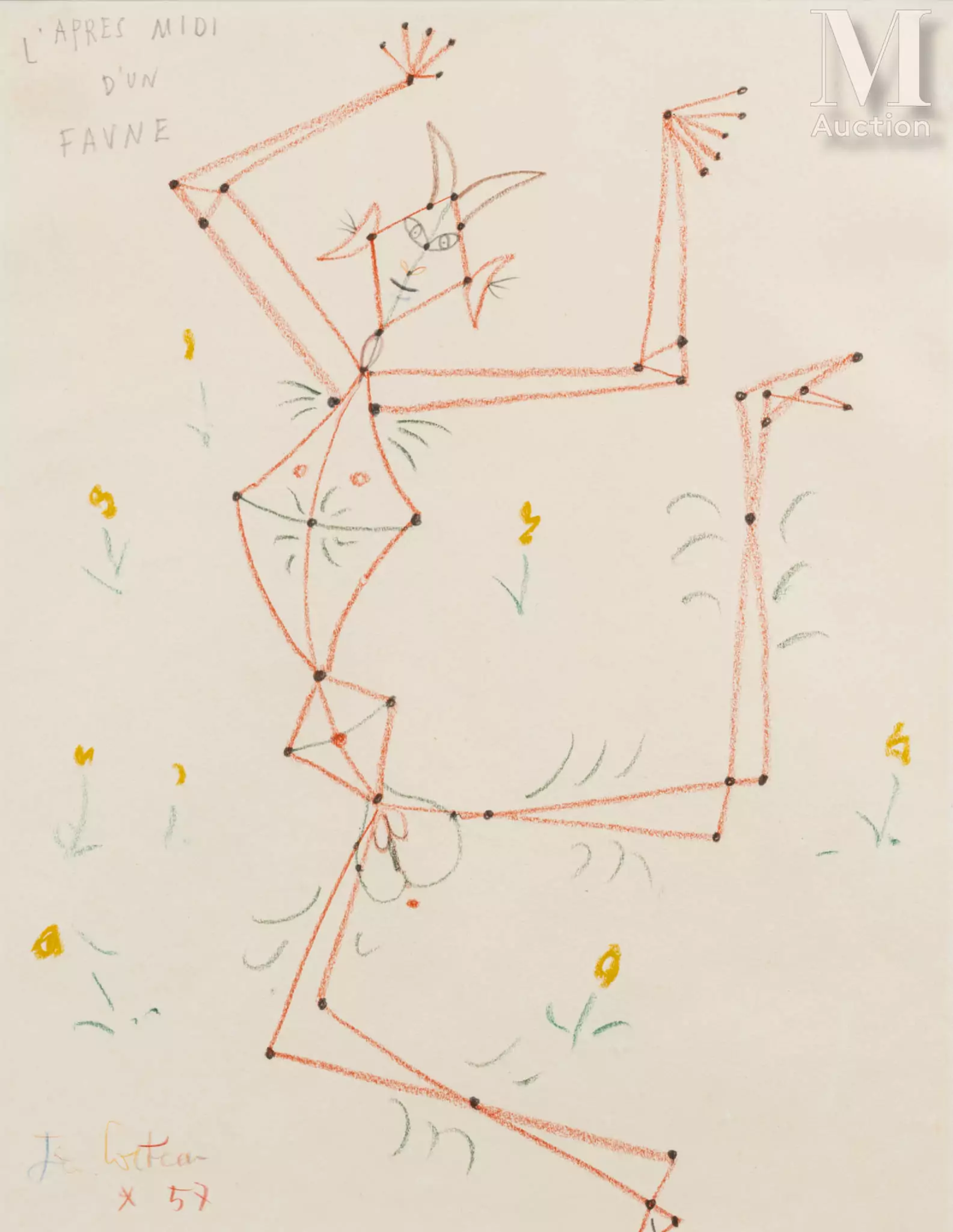 Jean COCTEAU (Maisons-Laffite 1889 - Milly-la-Forêt 1963)L'après-midi d'un Faune, 1957
Dessin aux crayons de couleurs et pastel gras 