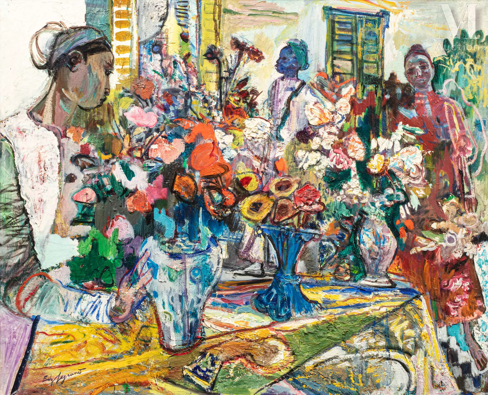 EDY LEGRAND (Bordeaux 1892-Bonnieux 1970) Bouquet de fleurs et personnages marocains Huile sur toile