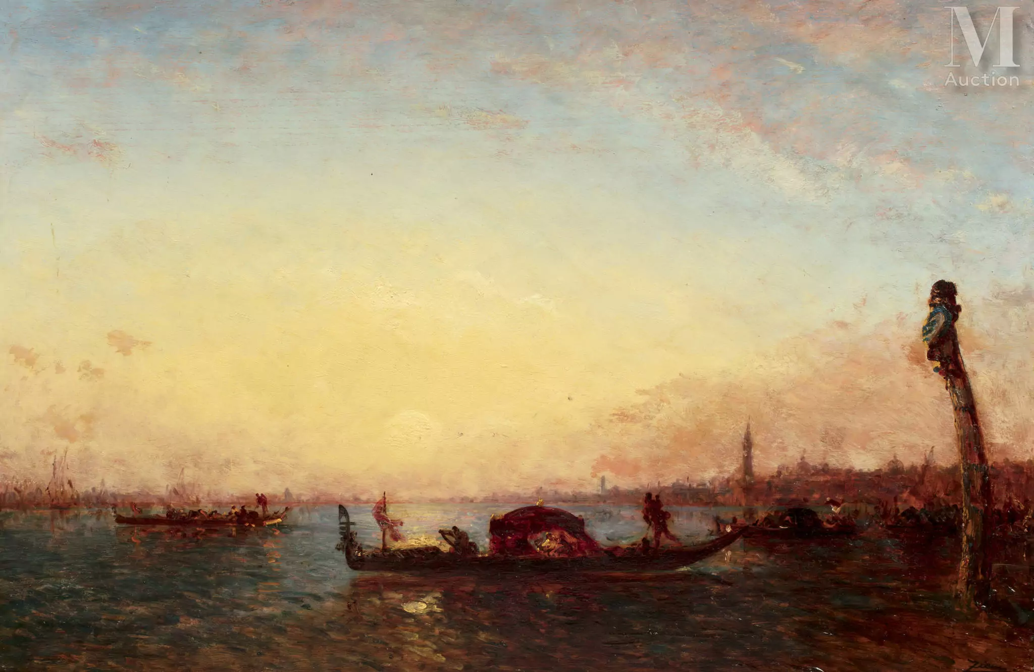 Félix ZIEM (Beaune 1821 - Paris 1911) Gondole au crépuscule, Venise Huile sur panneau