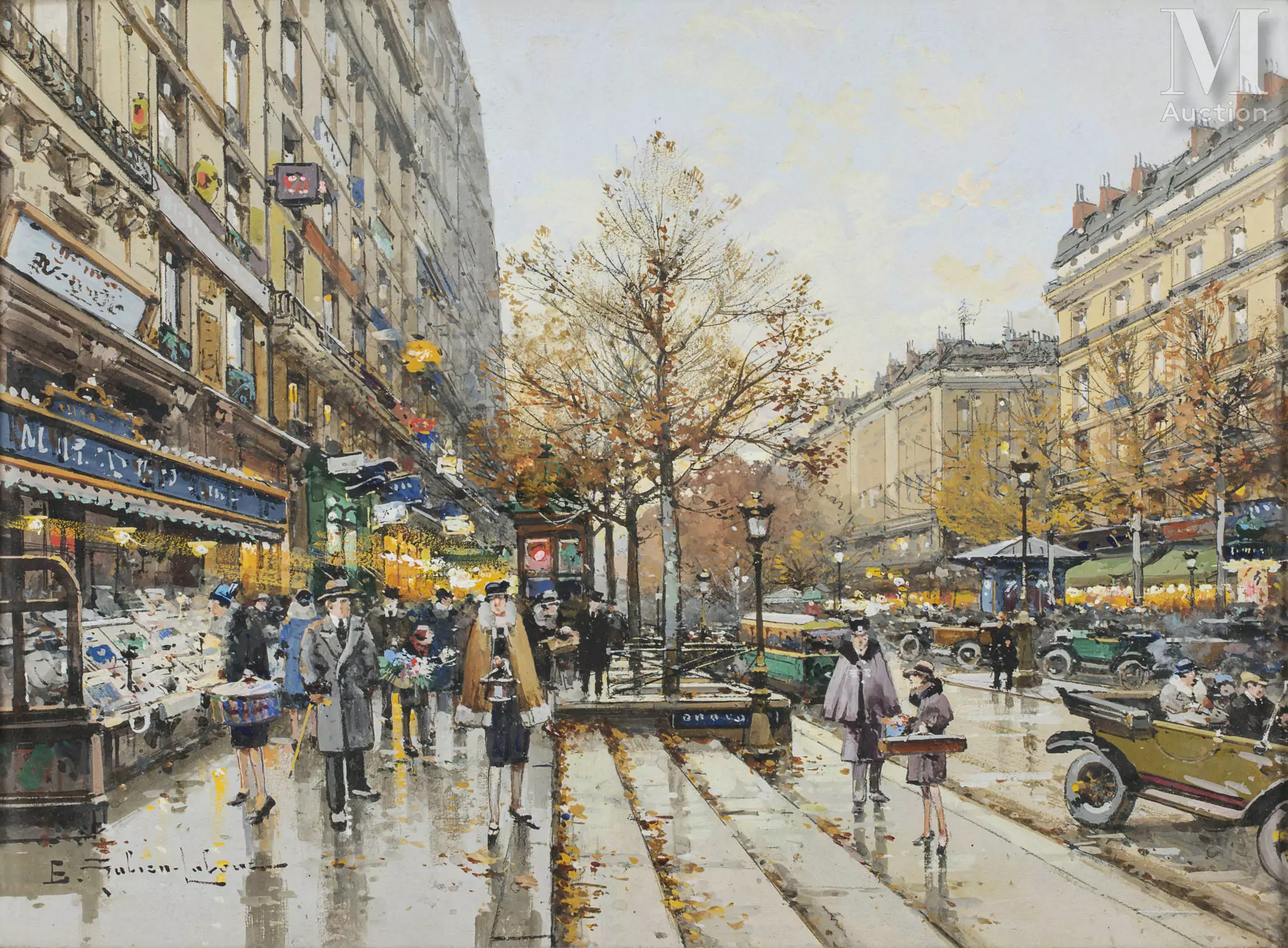 Eugène GALIEN - LALOUE (Paris 1854 - Chérence 1941) Les grands boulevards près de la porte Saint Martin, circa 1937 Gouache 25,5 x 34 cm Signé en bas à gauche