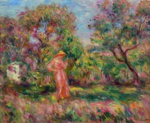 Pierre-Auguste Renoir (1841- 1919) Paysage avec femme en rose, arbres et barrière au fond, 1918-1919Huile sur toile Adjugé 470 000 euros PIASA