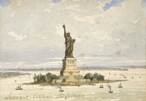 Frédéric-Auguste BARTHOLDI Colmar, 1834 - Paris, 1904 Vue de la statue de la Liberté dans la baie de New York Aquarelle Adjugé 20 000 euros Artcurial