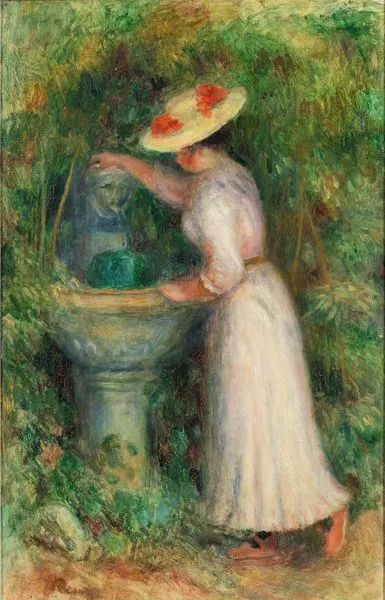 Pierre-Auguste RENOIR (Limoges, 25 février 1841 - Cagnes-sur-Mer, 3 décembre 1919) LA FONTAINE OU JEUNE FILLE PRES D'UNE FONTAINE, 1895 Huile sur toile Adjugé 560 000 euros Kohn