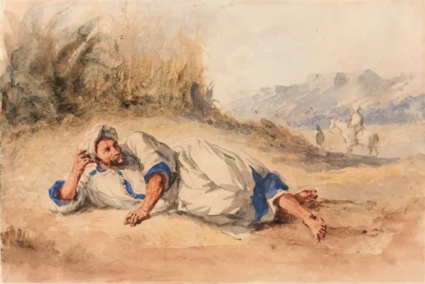 Eugène DELACROIX Charenton-Saint-Maurice, 1798 - Paris, 1863 Arabe étendu par terre dans la campagne Aquarelle sur trait de crayon Adjugé 104 000 euros Artcurial