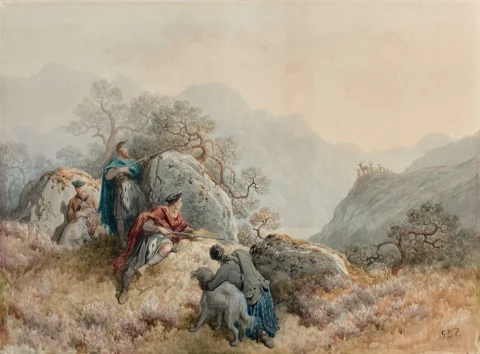 Gustave Doré Strasbourg, 1832 - Paris, 1883Chasse au cerf à l'approche dans les Highlands, Ecosse Aquarelle gouachée sur traits de crayon Estimation entre 25 000 et 35 000 euros Artcurial