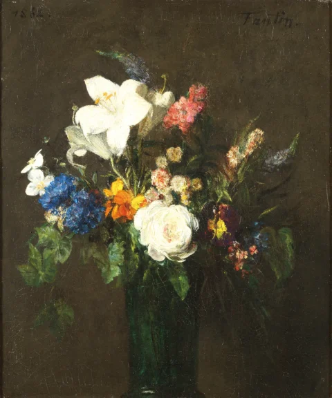 HENRI FANTIN-LATOUR (Grenoble 1836 - Buré 1904) BOUQUET DE LYS ET DE ROSES DANS UN VASE, 1862 Huile sur toile Adjugé 150 000 euros Kohn