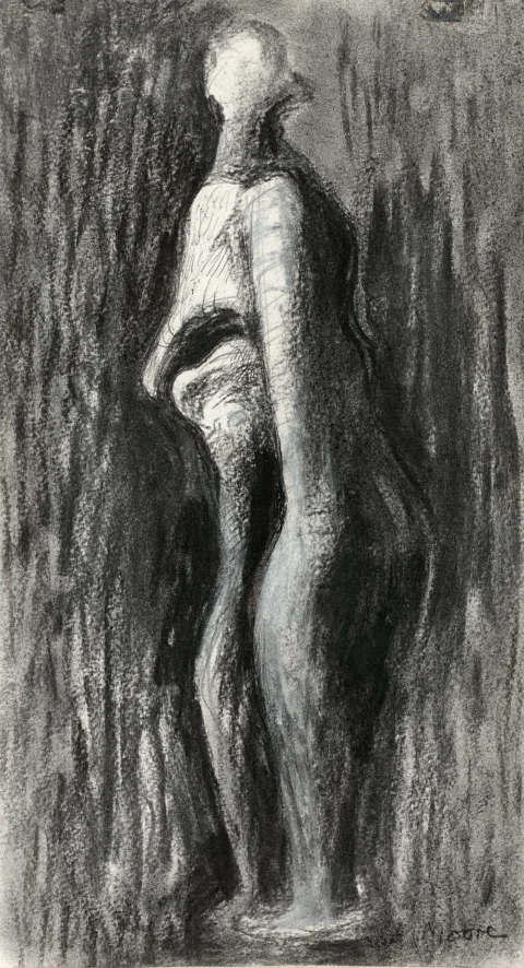 Henry MOORE (1898-1986) - Standing wood figure, 1982 - Fusain, crayon, stylo à bille noir et gouache sur papierEstimation antre 25 000 et 30 000 euros Expertisez