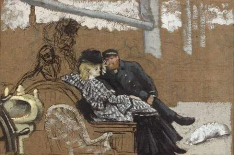 James Jacques Joseph TISSOT (Nantes 1836 - Buillon 1902)Le capitaine et sa passagère discutant sur le banc du pont d'un bateau Huile, plume et encre brune, crayon noir Adjugé 26 000 euros PIASA