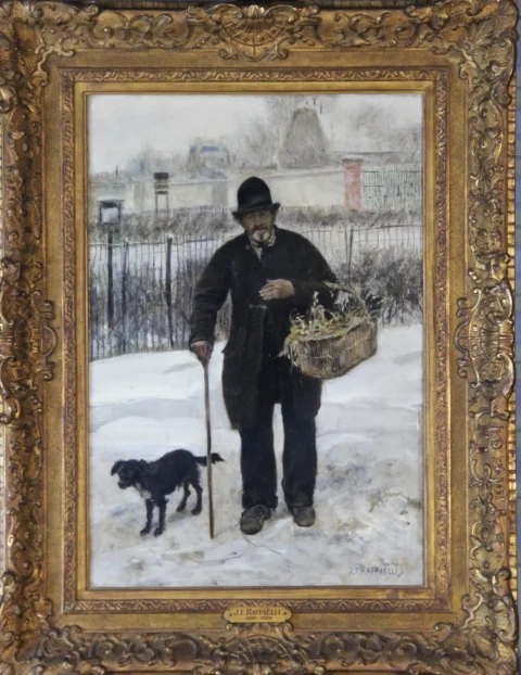 Jean-François RAFFAELLI (1850-1924)Promeneur et son chien Huile sur panneau, signée en bas à droite Adjugé 75 000 euros Bellier