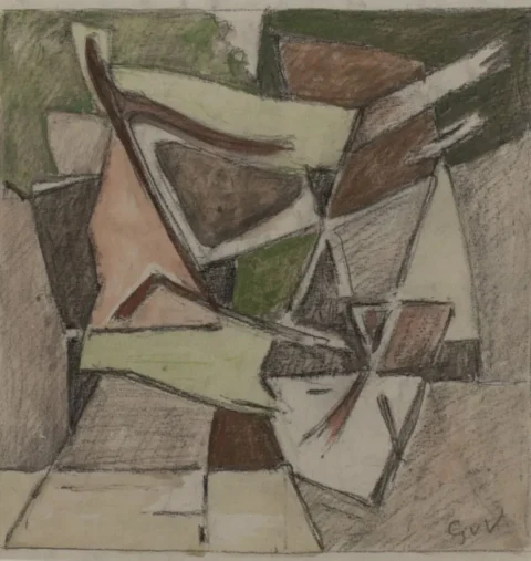 Geer VAN VELDE (1898-1977) Composition, vers 1966 Esquisse au crayon au verso Aquarelle gouachée et mine de plomb sur papier. Signée du monogramme en bas à droite. Adjugé à 3 500 €