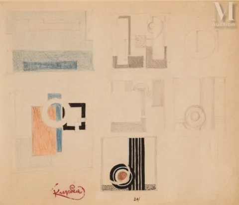 Frantisek KUPKA (Opocno 1871- Puteaux 1957) Compositions, Etudes Graphite, crayon de couleurs et gouache sur papier Adjugé 6 000 euros Million