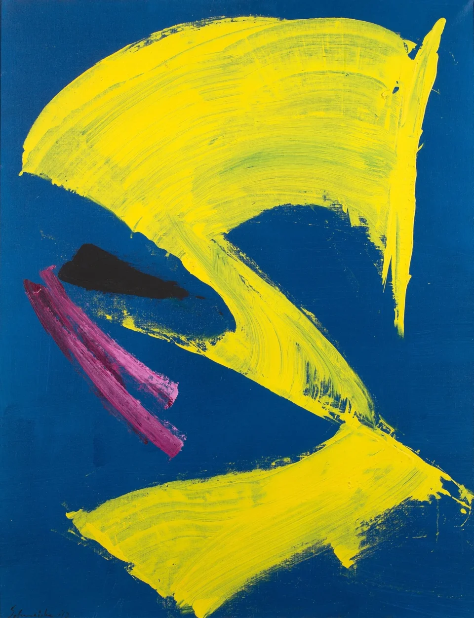 GÉRARD SCHNEIDER (1896 - 1986) Opus 18 K, composition abstraite sur fond bleu, 1972 Acrylique sur toile Adjugé à 46 000 €, AGUTTES