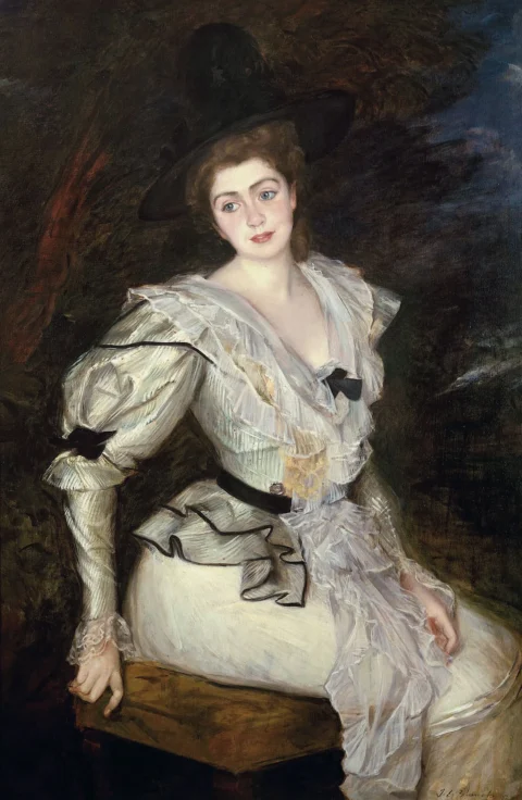 Jacques-Émile BLANCHE (1861-1942) Portrait d'une baronne assise en costume Louis XVI (1893) Toile 146,1 x 95,9 cm