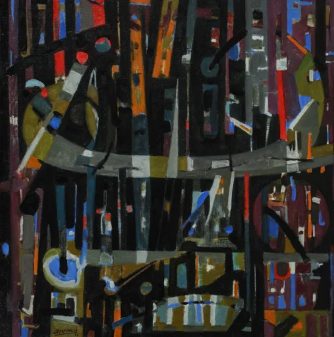 Jean BERTHOLLE « LA VILLE », 1957 Huile sur toile 100 x 100 cm Adjugé à 13 500 €