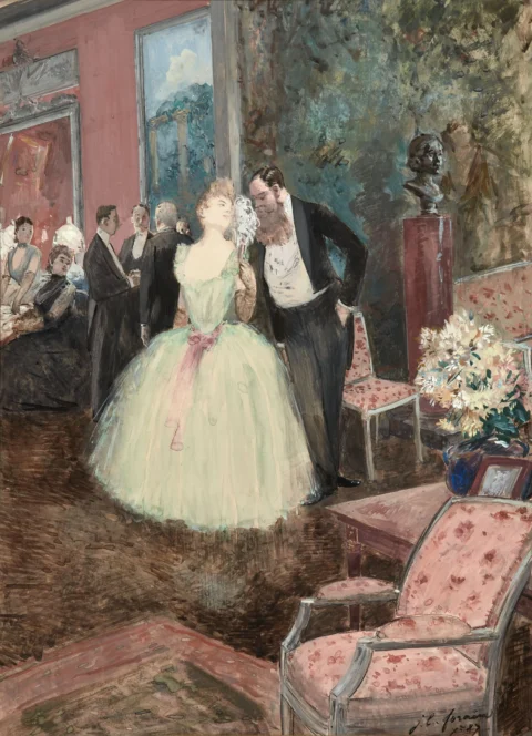 Jean-Louis FORAIN 1852-1931 Scène de bal - 1887 Gouache sur papier Adjugé à 35 542 €, Artcurial