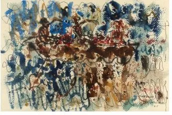 LAXMAN PAI (1926 - 2021) Composition à la barque, Paris 1956 Aquarelle sur papier Adjugé à 3 000 €, AGUTTES