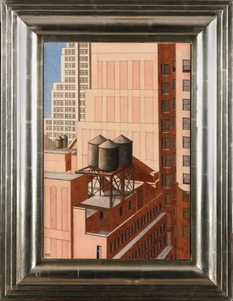 Bernard Boutet de Monvel (1881 - 1949)Exceptionnelle étude de Trois réservoirs du 55 West 39th Street depuis le Radiator Building à New York. 1932 Aquarelle et crayon noir sur papier fort Adjugé 480 000 euros Osenat