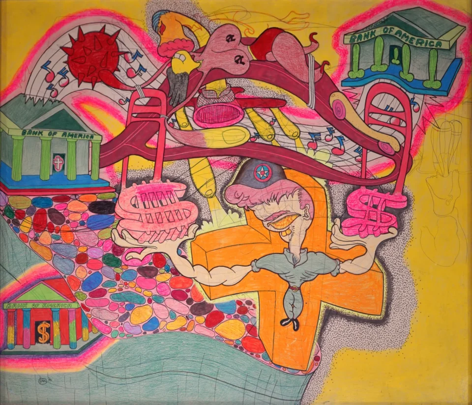 Peter SAUL (1934) Bank of America Technique mixte Adjugé à 73 000 €, Maîtres Isabelle GOXE & Laurent BELAÏSCH