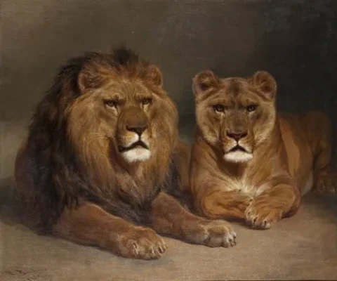 Rosa BONHEUR (1822-1899) Lion et lionne Huile sur toile Adjugé 60 000 euros PIASA