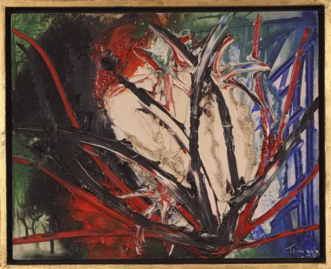 Thanos Tsingos (1914-1965) Sans titre, oiseau sur une branche 1956 Huile sur panneau Adjugé à 2 850 €