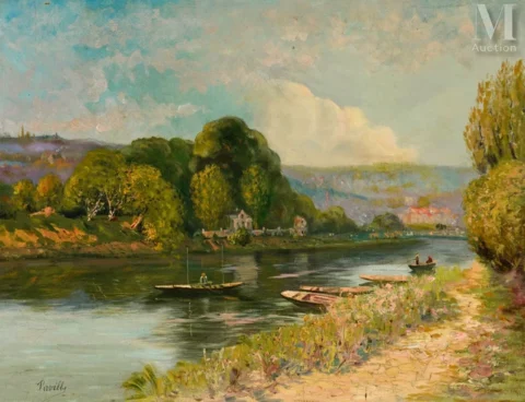 Elie Anatole PAVIL (Odessa 1873-Rabat 1944) Pêcheurs sur le canal de l'Ourcq Adjugé à 3 800 €, Millon