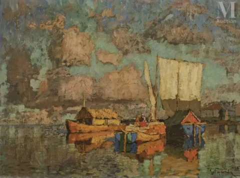 Konstantin Ivanovitch GORBATOV (1876-1945)Bateaux amarrés (1923) Adjugé à 13 000 €, Millon