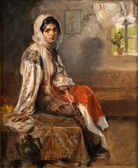 Nicolae VERMONT (Bacau 1866 - Bucarest 1932) Femme dans un intérieur en Roumanie Adjugé à 9 500 €, Millon