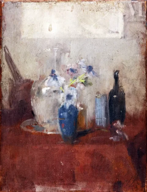 Olga BOZNANSKA (1870 Cracovie - 1940 Paris)Nature morte aux vases et à la bouteille (recto) Copie de Van Dyck (atelier), Portrait de Cesare Alessandro Scaglia (verso), vers 1890-93 Adjugé à 17 000 €, Millon