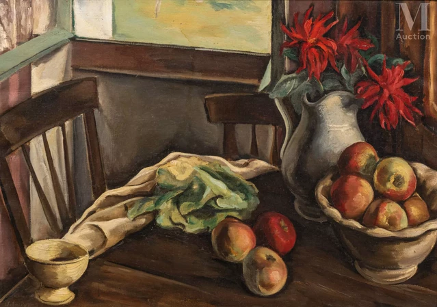 Serge FOTINSKY (Odessa 1887 - 1971) Composition aux pommes et au bouquet de dahlias Adjugé à 3 600 €, Millon