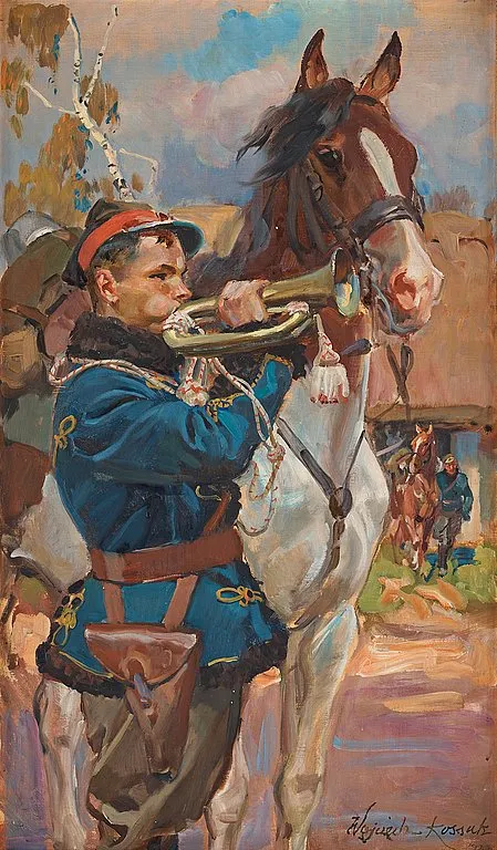 Wojciech von Kossak 1857-1942 Uhlan with a brass horn. Adjugé à 14 450 €, Bukowskis