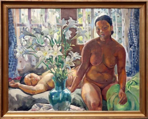 Nus au bouquet de lys blancs. Huile sur toile encadrée Adjugé à 160 000 €, Lynda Trouvé OVV