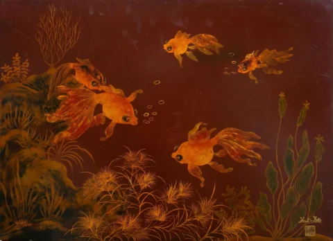 Les poissons rouge de l’Abondance / Goldfish of AbundancePanneau en bois laqué Adjugé à 5 200 €, BOISGIRARD - ANTONINI