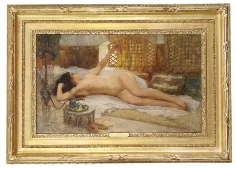 FREDERICK ARTHUR BRIDGMAN (1847-1929)ÉCOLE AMÉRICAINE NU AU GUERIDON Adjugé à 30 000 €