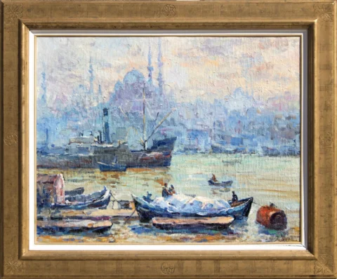 Ibrahim SAFI (1898-1953). Bateaux de pêche à Istanbul. Huile sur toile. Estimation : 15 000 € - 20 000 €