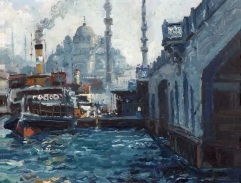 Ibrahim SAFI (Nakhichevan, 1898 - Istanbul, 1983)Vue d'Istanbul du pont de Galata Huile sur carton Adjugé à 9 300 €