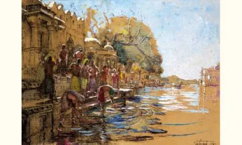 LES BAINS A UDAIPUR, 1921Technique mixte sur papier Adjugé à 10 482 €, Tajan