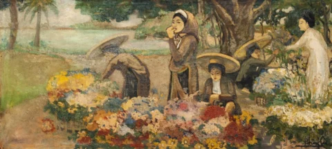 "Vendeuses de fleurs près du lac" (還劍湖旁花販), c.1935, Huile sur toile Adjugé à 10 000 €, HOTEL DES VENTES DE LA VALLEE DE MONTMORENCY - JULES & VALERIE REGIS