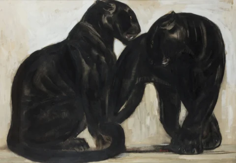 Paul JOUVE (1878 - 1973)"Deux panthères noires" Encre et lavis d'encre sur traits de crayon, estompe, gouache et rehauts de pastel et huile pour le fond Adjugé à 109 200 €