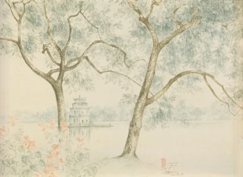 TRAN DUY (1920-2014). Ecole des Beaux-Arts de l'Indochine, classe préparatoire de 1944-45. Pagode du petit lac de l'épée à Hanoï. (Hoan Kiem) Peinture sur soie Adjugé à 5 000 €, Lynda Trouvé OVV